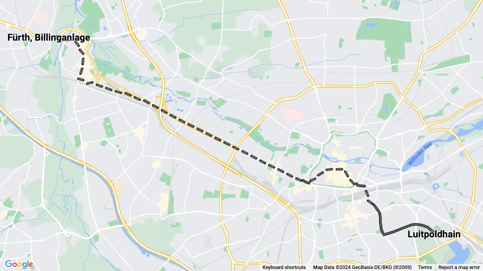 Nürnberg sporvognslinje 1: Luitpoldhain - Fürth, Billinganlage linjekort