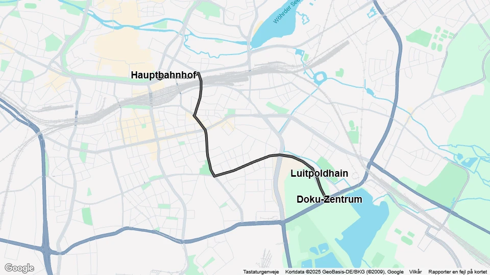 Nürnberg sporvognslinje 9: Hauptbahnhof - Doku-Zentrum linjekort