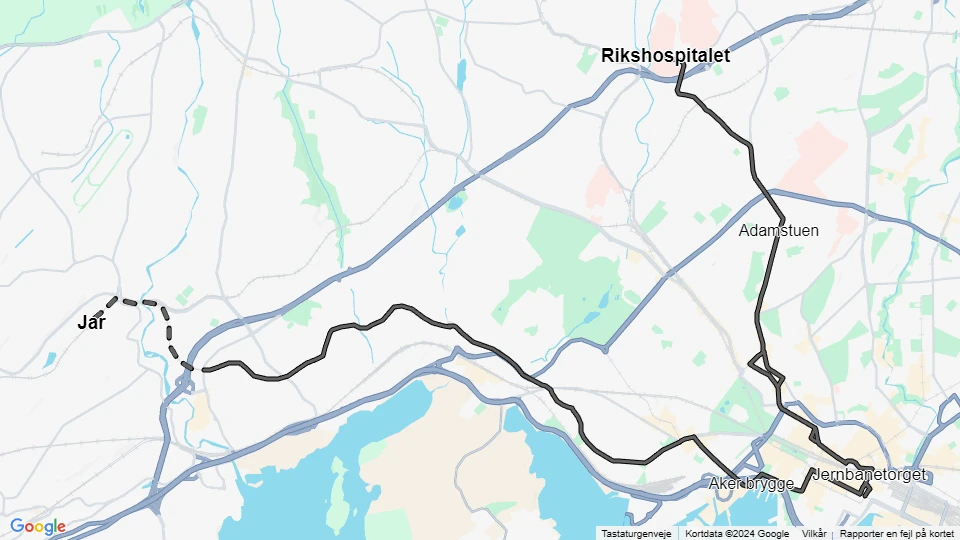 Oslo sporvognslinje 10: Rikshospitalet - Jar linjekort