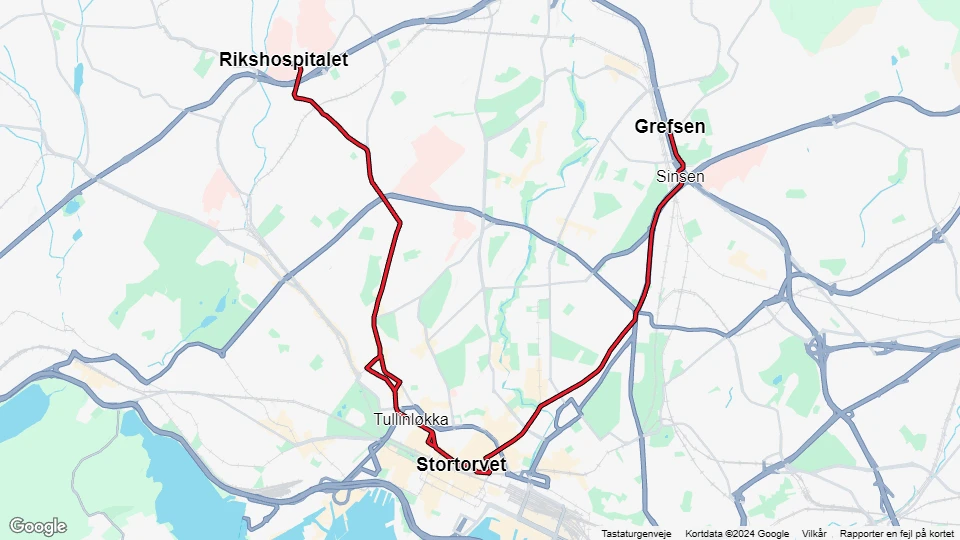 Oslo sporvognslinje 17: Grefsen - Rikshospitalet linjekort