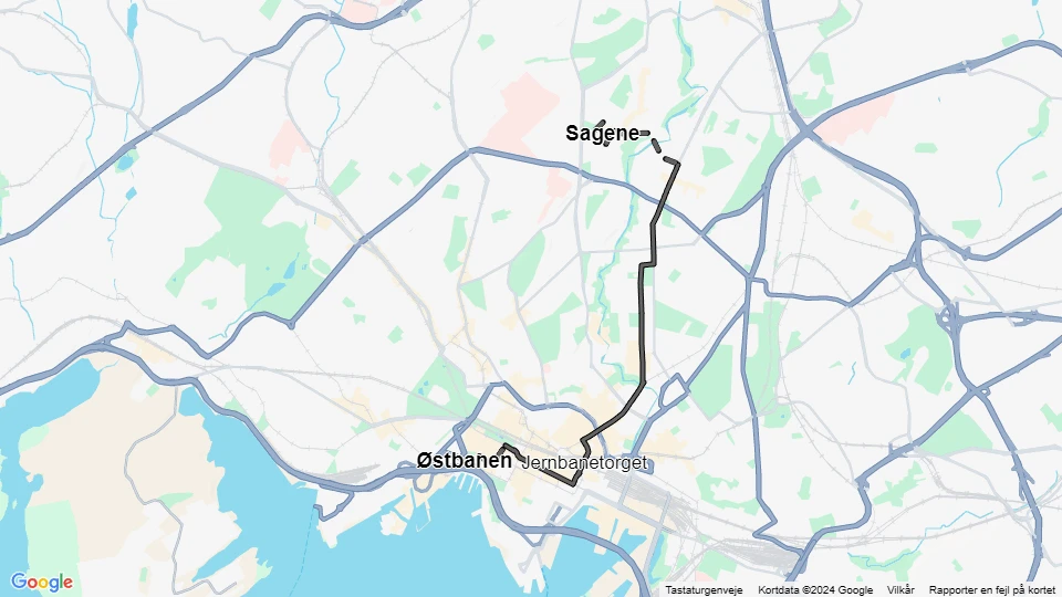 Oslo sporvognslinje 5: Sagene - Østbanen linjekort