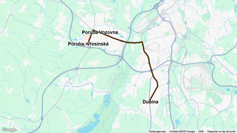 Ostrava sporvognslinje 17: Dubina - Poruba, Vřesinská linjekort