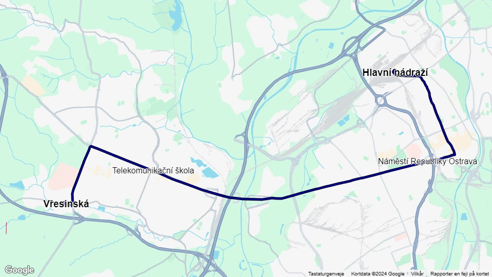 Ostrava sporvognslinje 8: Hlavní nádraží - Vřesinská linjekort