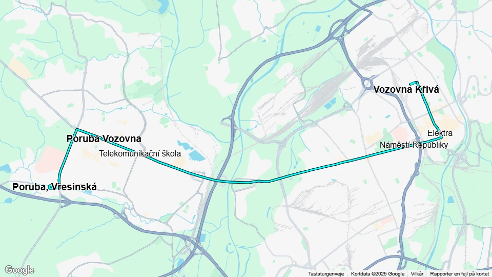 Ostrava sporvognslinje 9: Poruba, Vřesinská - Vozovna Křivá linjekort