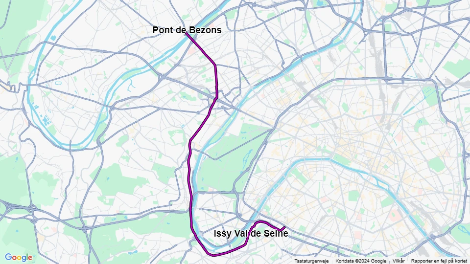 Paris sporvognslinje T2: Pont de Bezons - Porte de Versailles linjekort