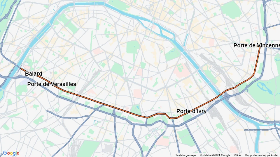 Paris sporvognslinje T3a: Pont Garigliano - Porte de Vincennes linjekort