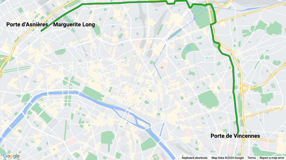 Paris sporvognslinje T3b: Porte de Vincennes - Porte d'Asnières - Marguerite Long linjekort