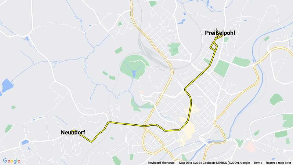 Plauen sporvognslinje 1: Neundorf - Preißelpöhl linjekort