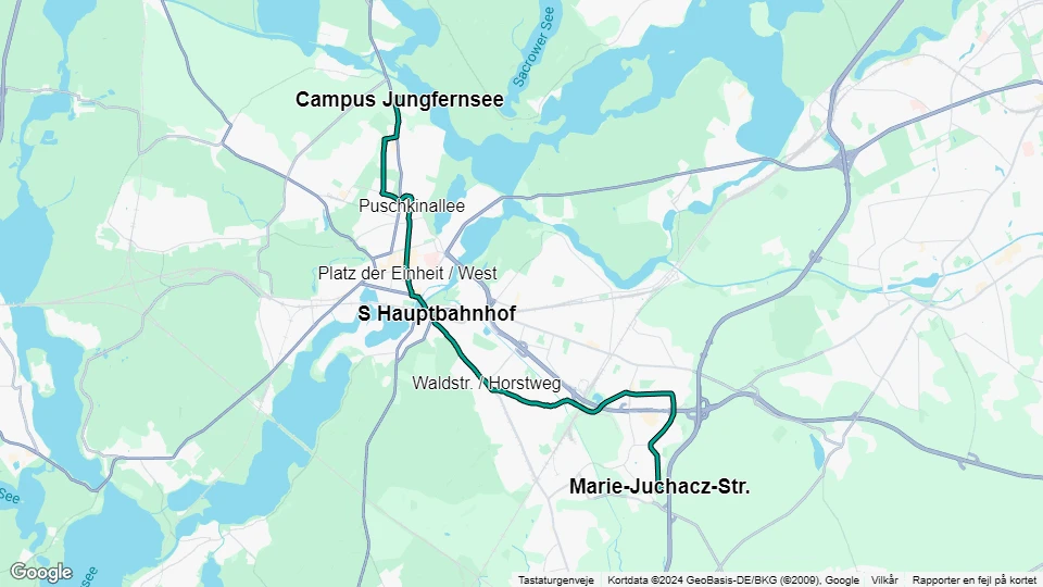 Potsdam sporvognslinje 96: Marie-Juchacz-Str. - Campus Jungfernsee linjekort