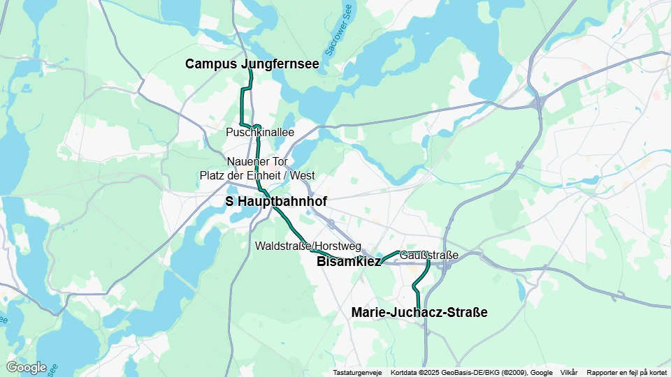 Potsdam sporvognslinje 96: Marie-Juchacz-Straße - Campus Jungfernsee linjekort
