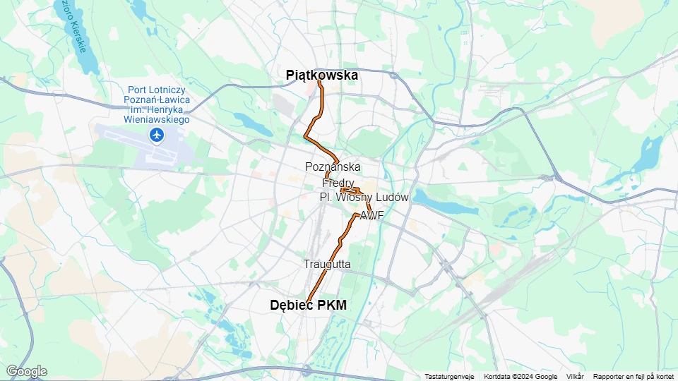 Poznań sporvognslinje 9: Dębiec PKM - Piątkowska linjekort