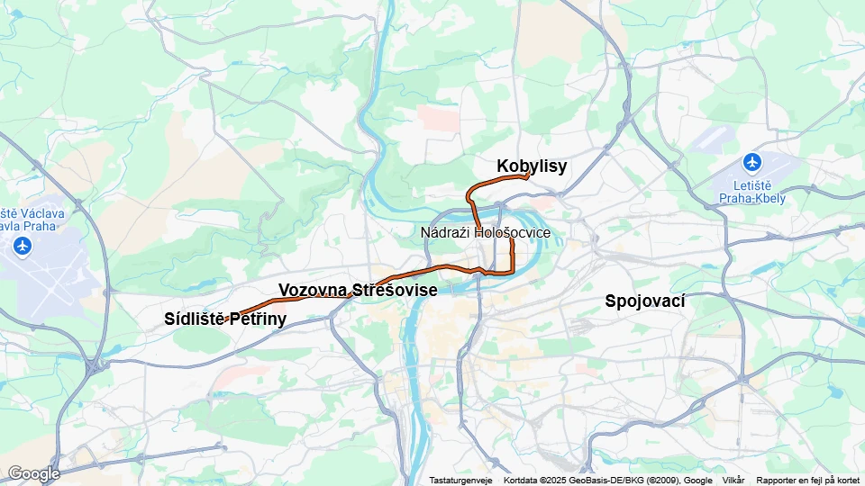 Prag sporvognslinje 1: Sídliště Petřiny - Kobylisy linjekort