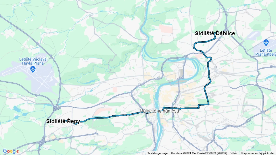 Prag sporvognslinje 10: Sídliště Řepy - Sídliště Ďáblice linjekort