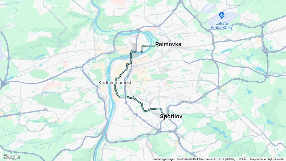 Prag sporvognslinje 14: Spořilov - Palmovka linjekort