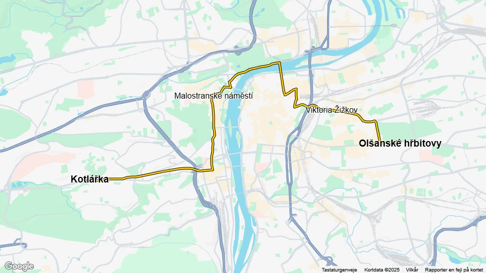 Prag sporvognslinje 15: Kotlářka - Olšanské hřbitovy linjekort