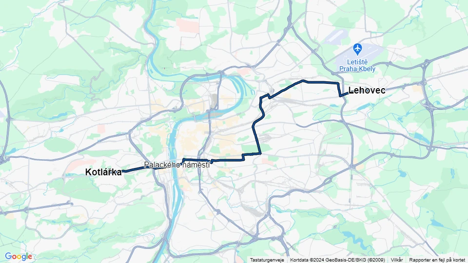 Prag sporvognslinje 16: Lehovec - Kotlářka linjekort