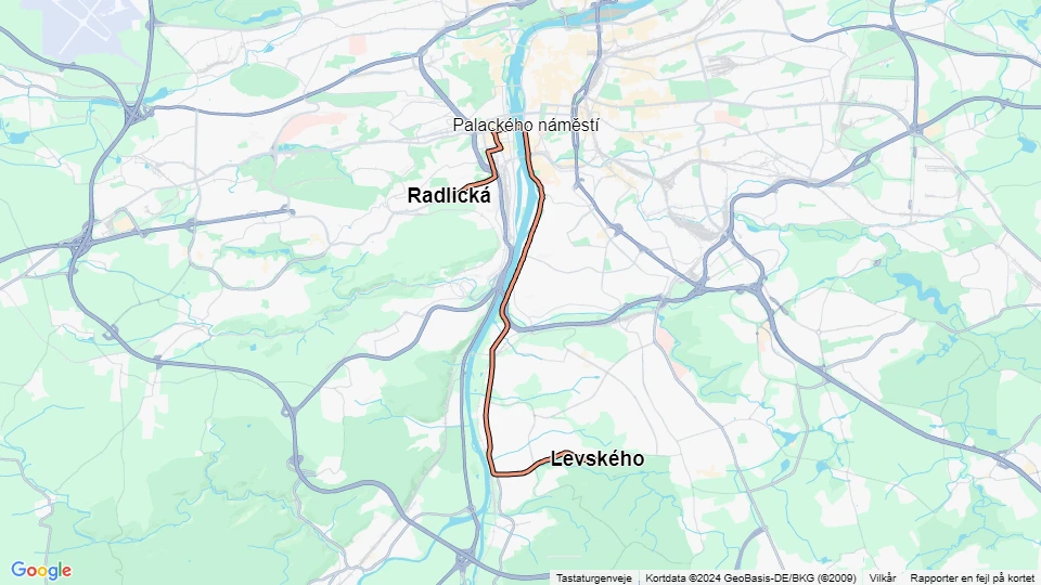 Prag sporvognslinje 21: Levského - Radlická linjekort