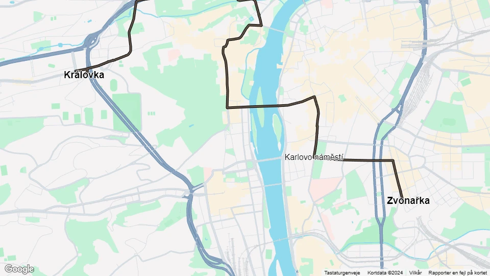 Prag sporvognslinje 23: Zvonařka - Královka linjekort