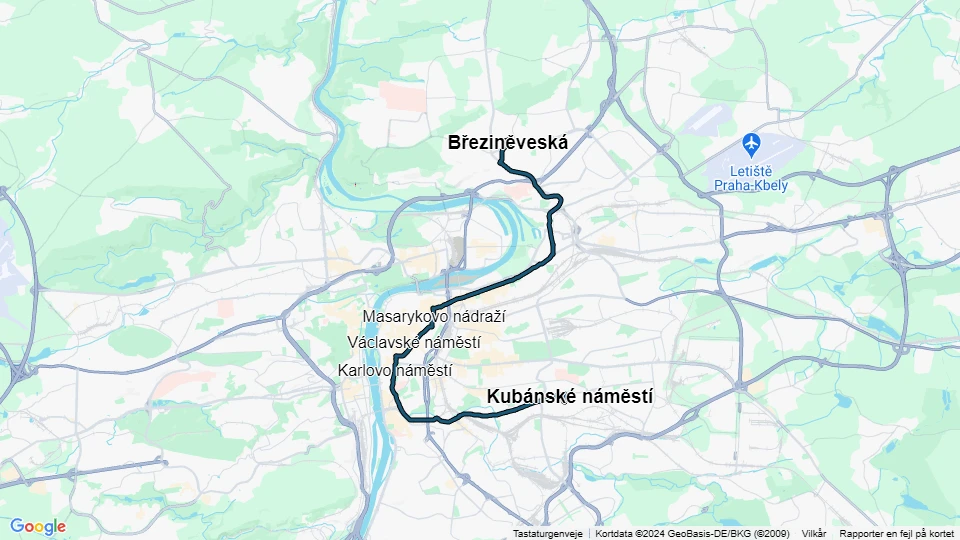 Prag sporvognslinje 24: Kubánské náměstí - Březiněveská linjekort