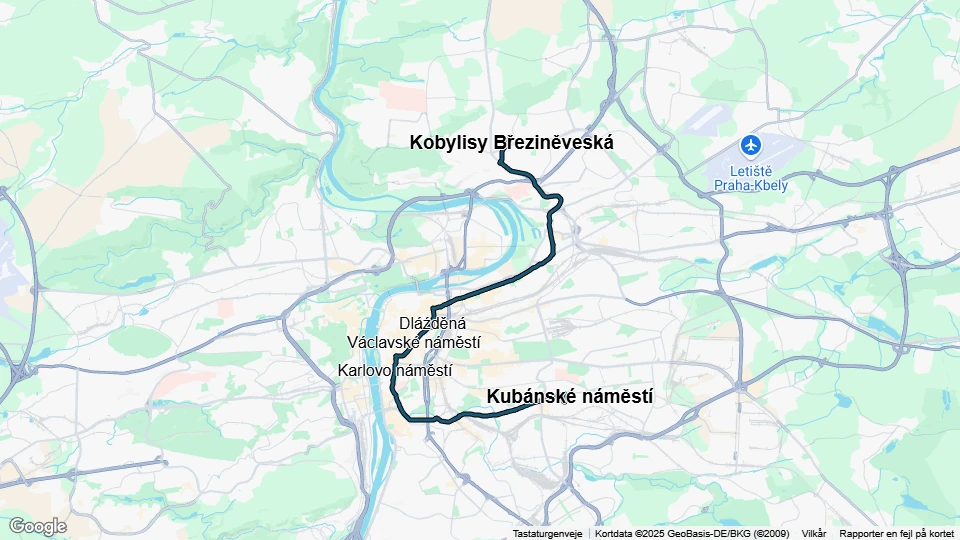 Prag sporvognslinje 24: Kubánské náměstí - Kobylisy Březiněveská linjekort