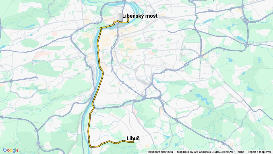 Prag sporvognslinje 27: Libus - Libeňský most linjekort