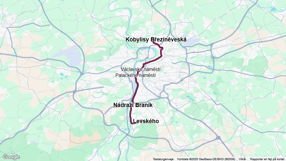 Prag sporvognslinje 3: Kobylisy Březiněveská - Levského linjekort