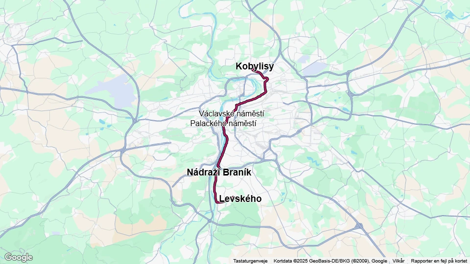 Prag sporvognslinje 3: Kobylisy - Levského linjekort