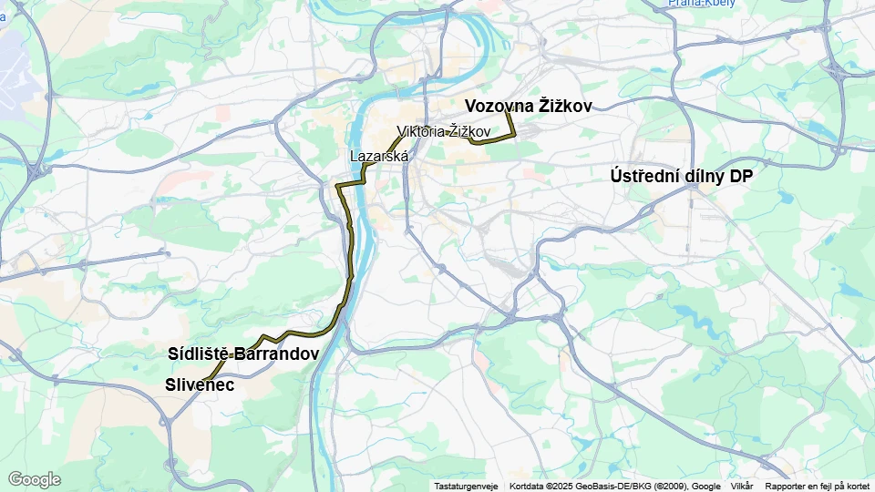 Prag sporvognslinje 5: Slivenec - Vozovna Žižkov linjekort