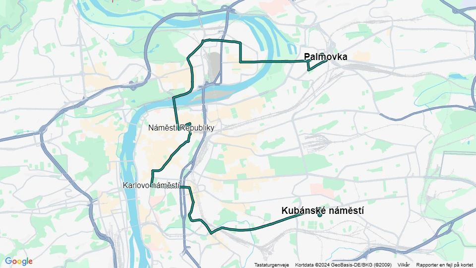 Prag sporvognslinje 6: Palmovka - Kubánské náměstí linjekort