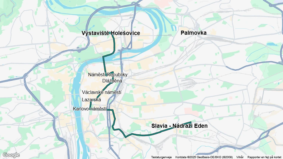 Prag sporvognslinje 6: Výstaviště Holešovice - Kubánské náměstí linjekort