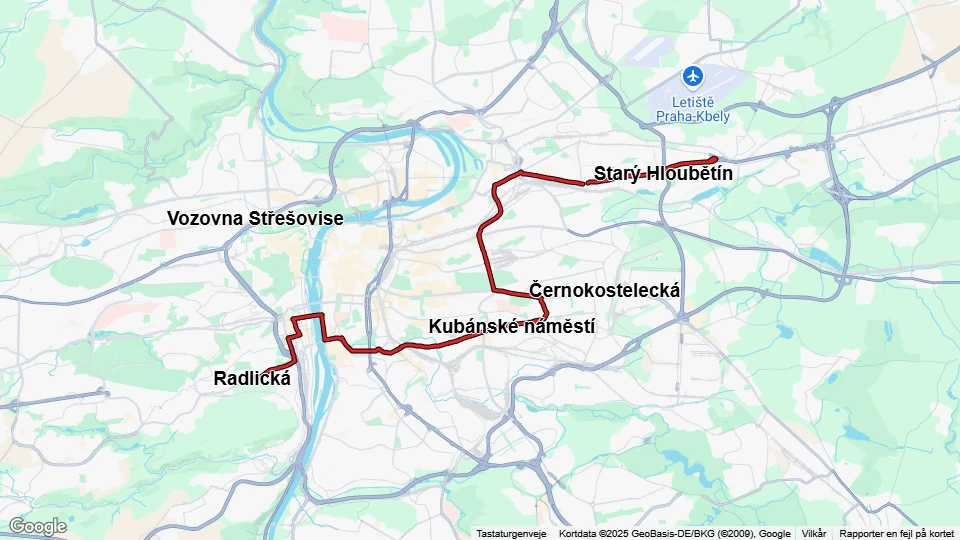 Prag sporvognslinje 7: Lehovec - Radlická linjekort