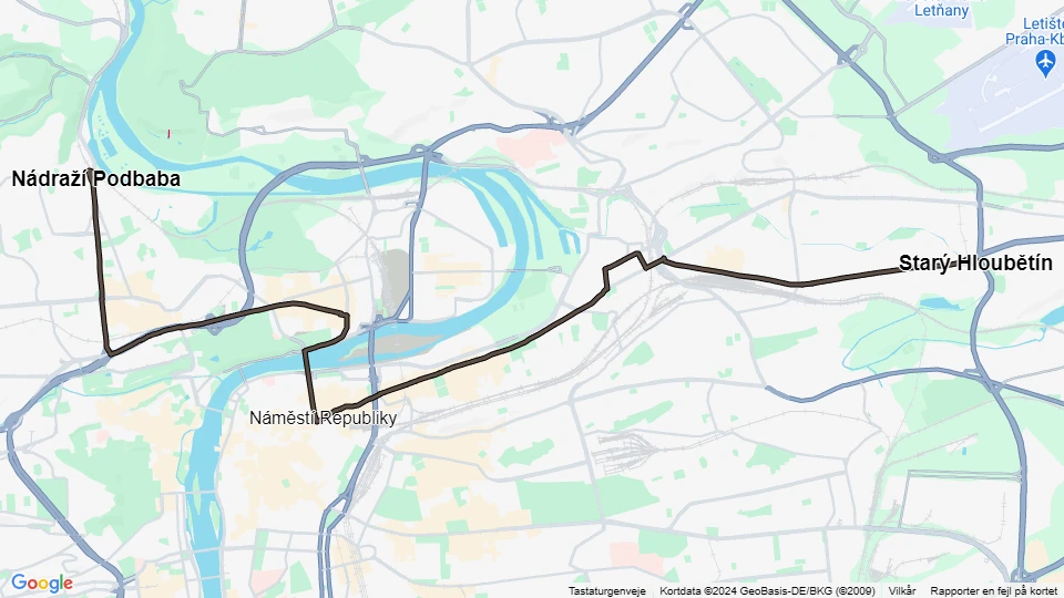 Prag sporvognslinje 8: Nádraží Podbaba - Starý Hloubětín linjekort