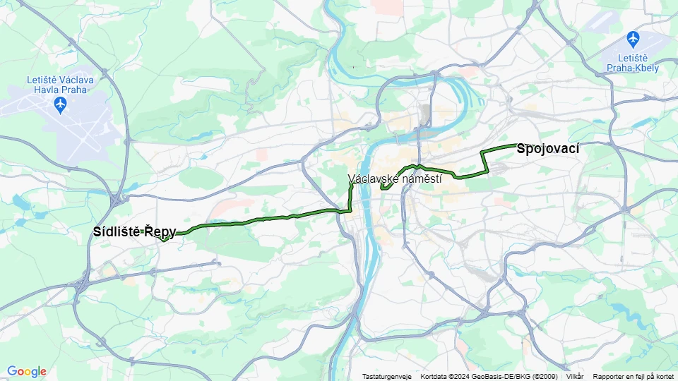 Prag sporvognslinje 9: Spojovací - Sídliště Řepy linjekort