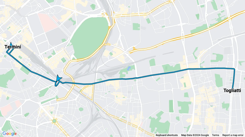 Rom sporvognslinje 14: Termini - Togliatti linjekort