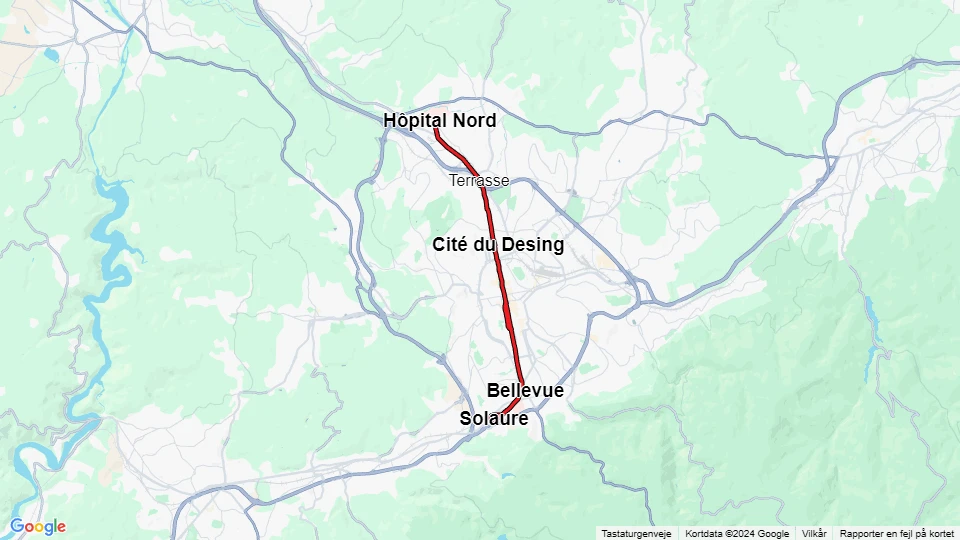 Saint-Étienne sporvognslinje T1: Solaure - Hôpital Nord linjekort