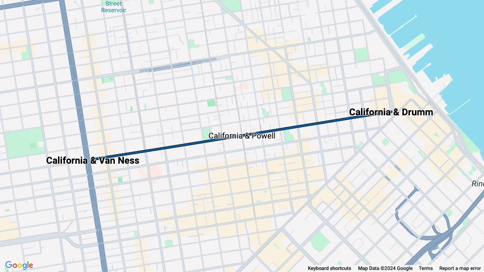 San Francisco kabelbane California: California & Van Ness - California & Drumm linjekort