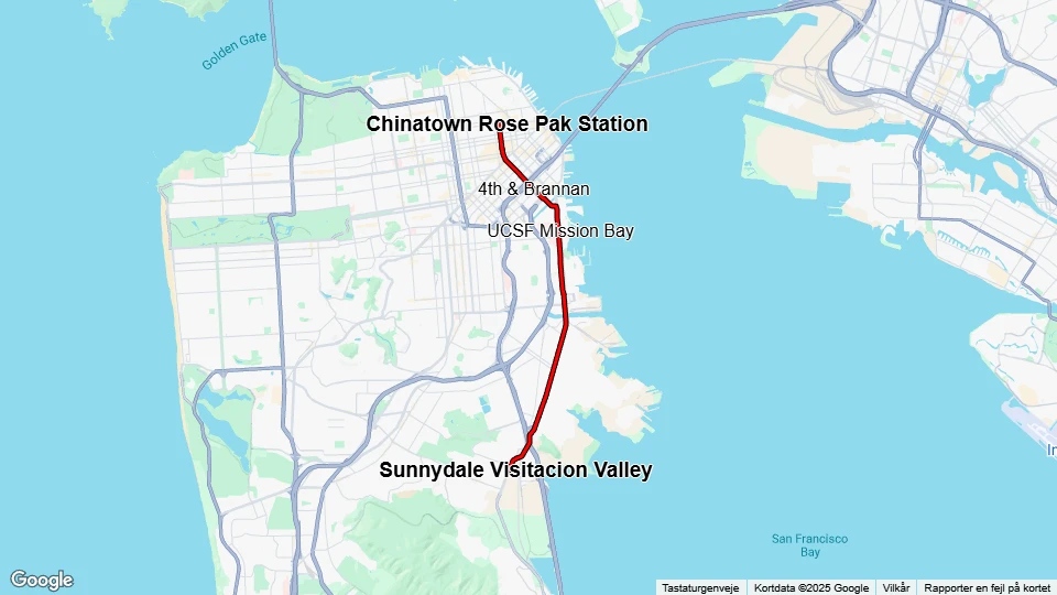 San Francisco sporvognslinje T Third Street: Chinatown - Sunnydale linjekort