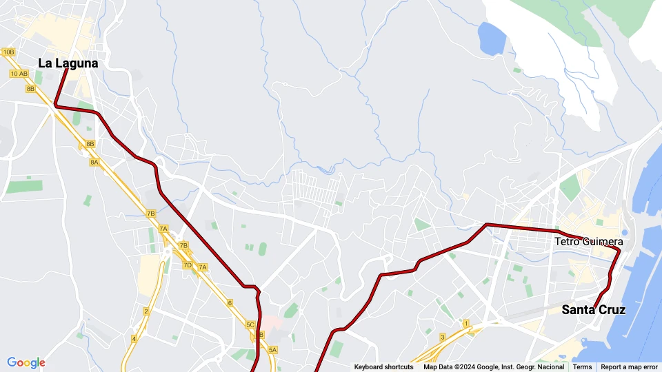 Santa Cruz de Tenerife sporvognslinje 1: La Laguna - Santa Cruz linjekort