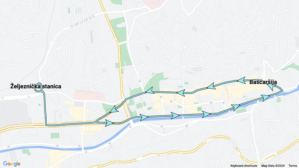 Sarajevo sporvognslinje 1: Željeznička stanica - Baščaršija linjekort