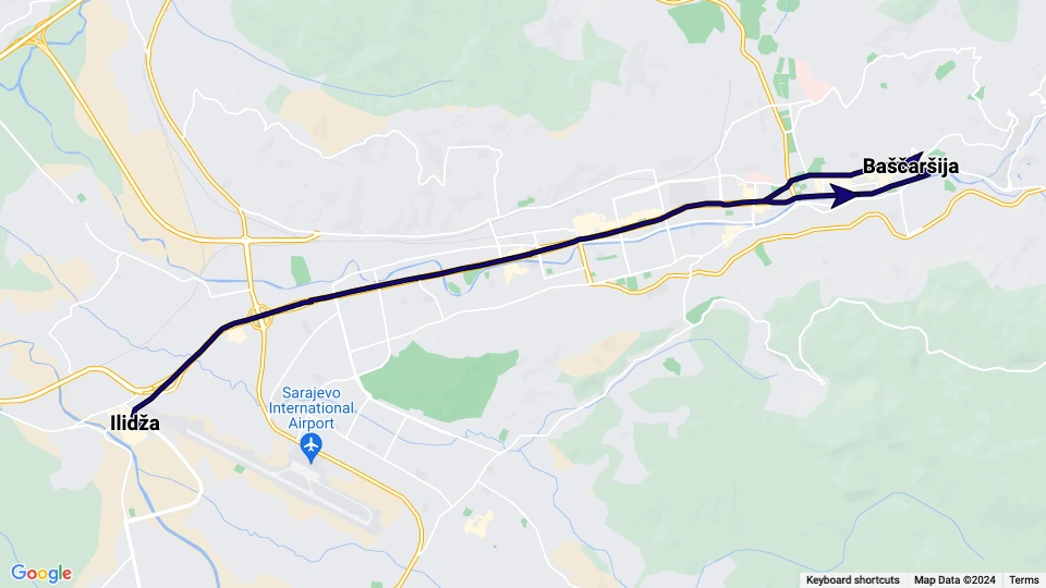 Sarajevo sporvognslinje 3: Baščaršija - Ilidža linjekort