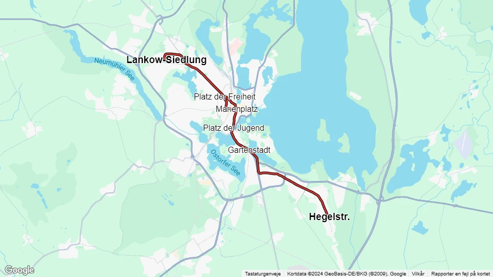 Schwerin sporvognslinje 2: Hegelstr. - Lankow-Siedlung linjekort