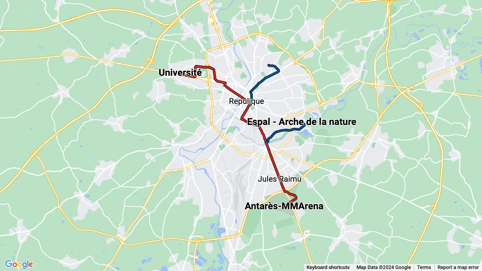 Société d'économie mixte des transports en commun de l'agglomération mancelle (SETRAM) linjekort