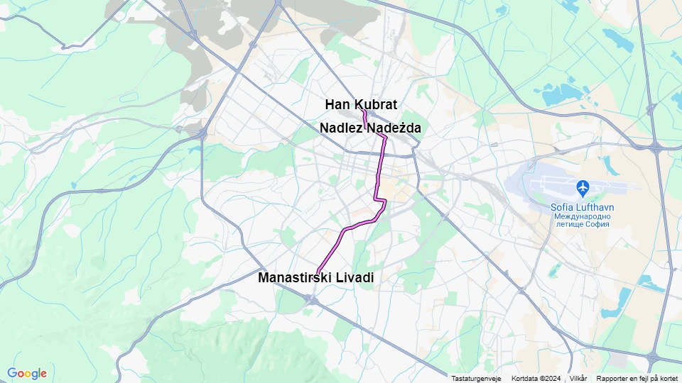 Sofia sporvognslinje 7: Han Kubrat - Manastirski Livadi linjekort