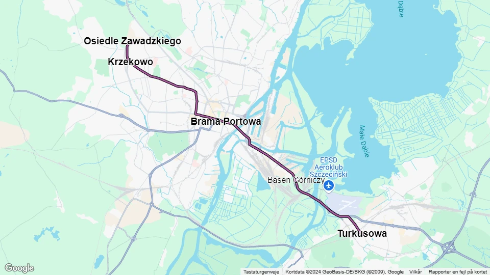 Stettin sporvognslinje 7: Turkusowa - Osiedle Zawadzkiego linjekort