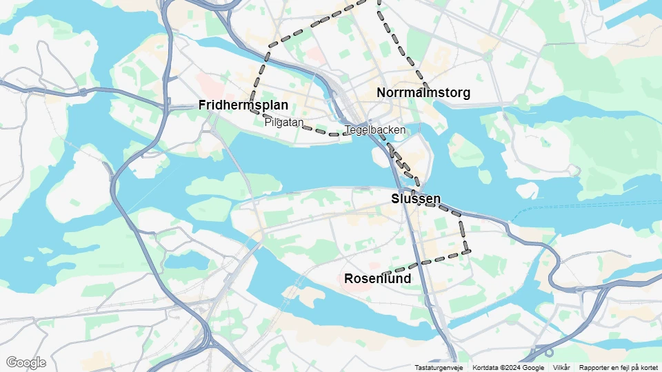 Stockholm sporvognslinje 1: Norrmalmstorg - Rosenlund linjekort