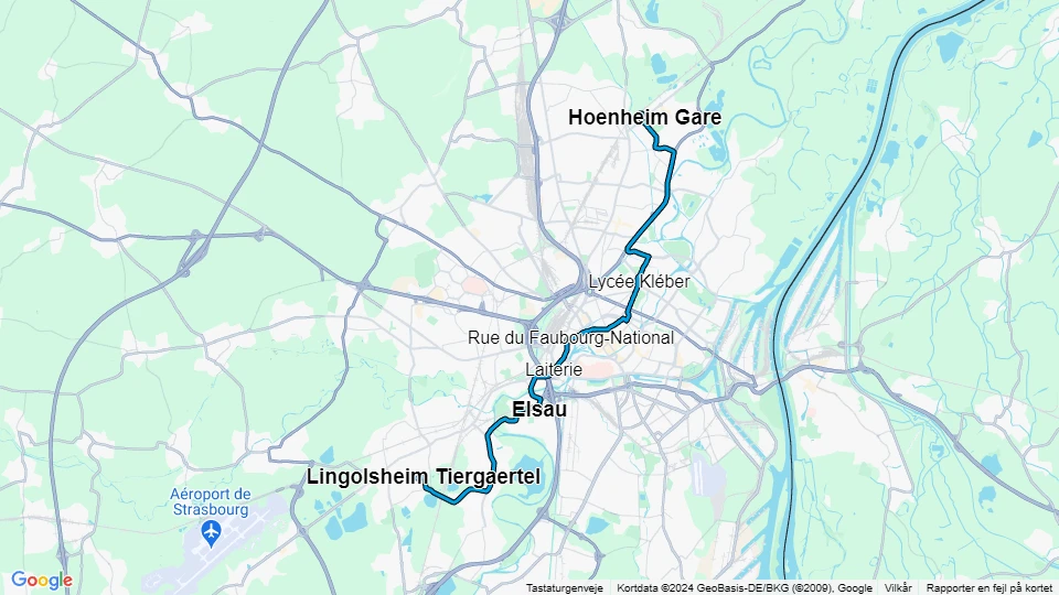 Strasbourg sporvognslinje B: Hoenheim Gare - Lingolsheim Tiergaertel linjekort