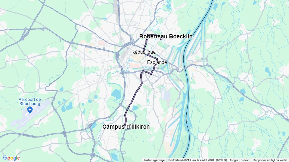 Strasbourg sporvognslinje E: Campus d'Illkirch - Robertsau Boecklin linjekort