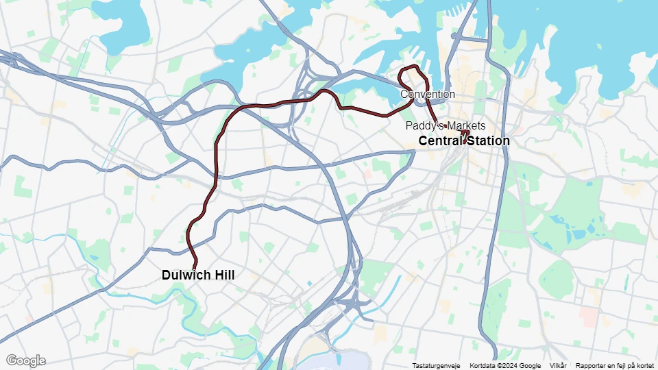 Sydney letbanelinje L1: Dulwich Hill - Central Station linjekort