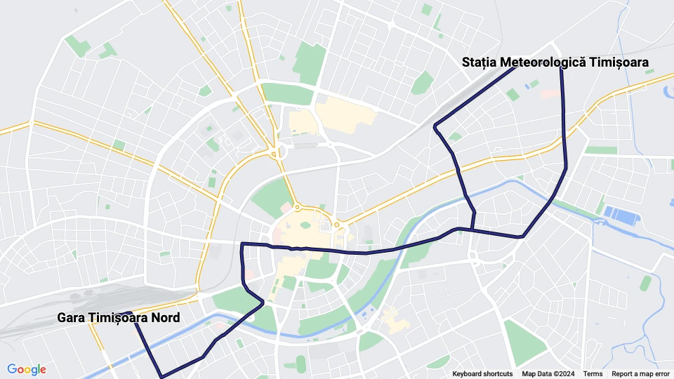 Timişoara sporvognslinje 1: Gara Timișoara Nord - Stația Meteorologică Timișoara linjekort