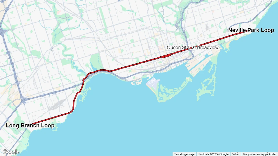 Toronto sporvognslinje 501 Queen: Long Branch Loop - Neville Park Loop linjekort